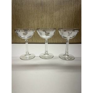 3 Mid Century Clear Champagne Coupe Libby Silver Leaf Frosted Band